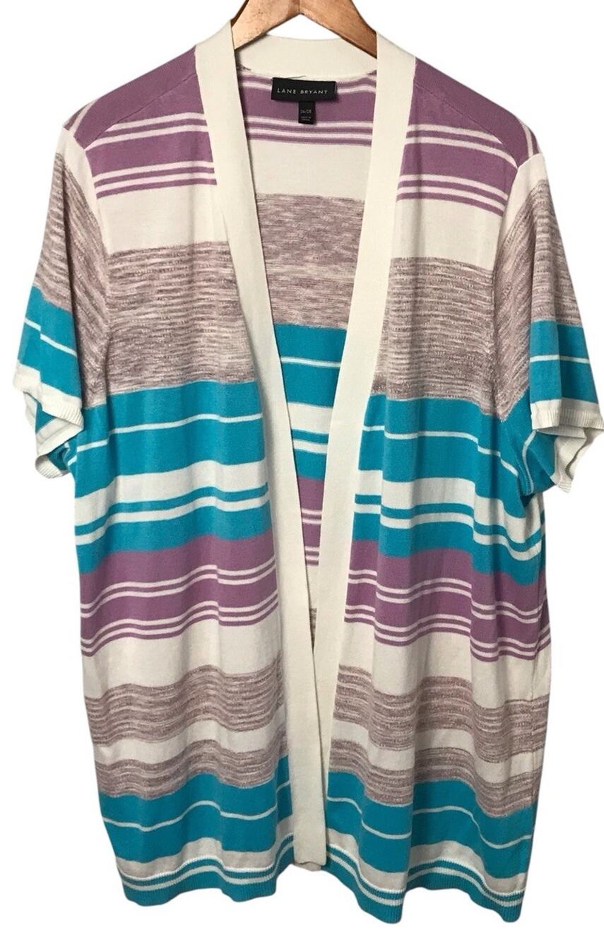 Lane Bryant 26/28 Sweater Open Front Purple Aqua Short Sleeve Cardigan